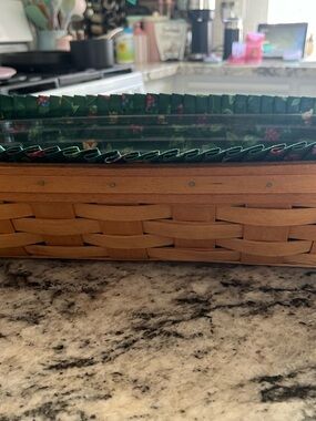 Longaberger Woven Wooden Basket Tray with Green Fabric Liner